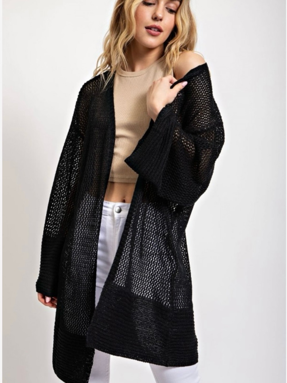 Black Open-Knit Long Cardigan Sweater